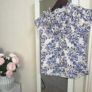 Blue and White Floral Ruffle Blouse